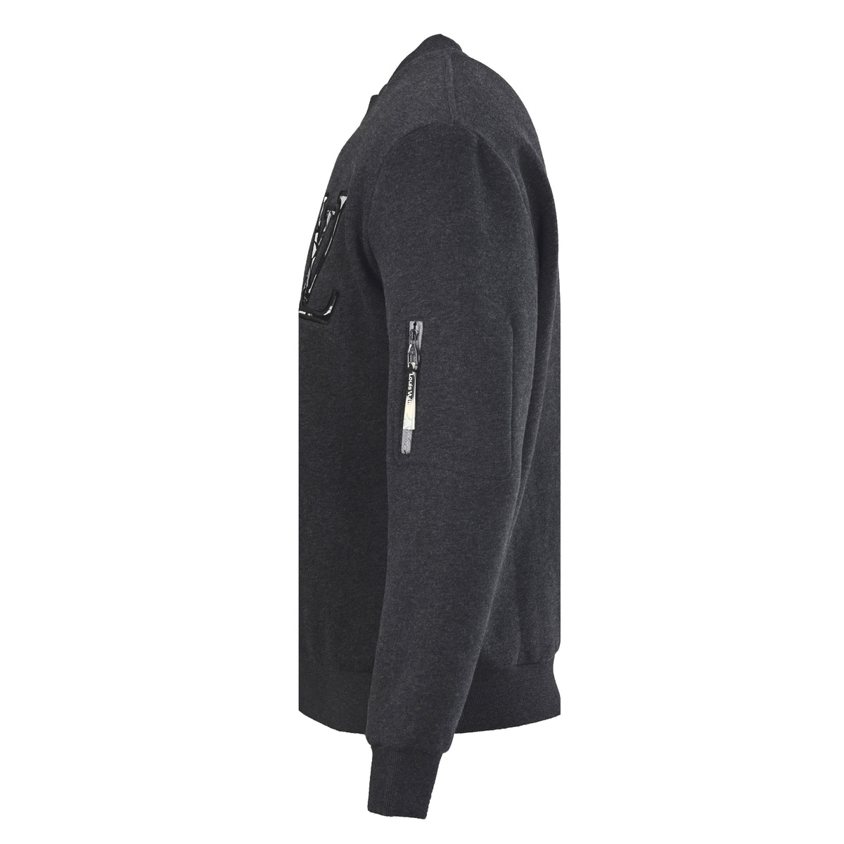 Louis Vuitton Charcoal Cotton Fleece Crewneck Sweatshirt with Embroidered Chest Logo, Zip Sleeve Pocket and Contrast Monogram Flower Back Detail