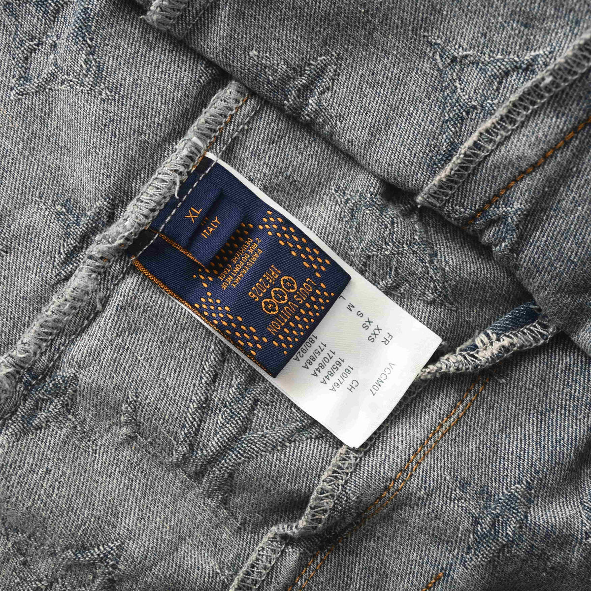 Louis Vuitton Washed Grey Monogram Jacquard Denim Jacket, Unisex Vintage-Look Button-Up Trucker with All-Over Logo Texture and Chest Flap Pockets
