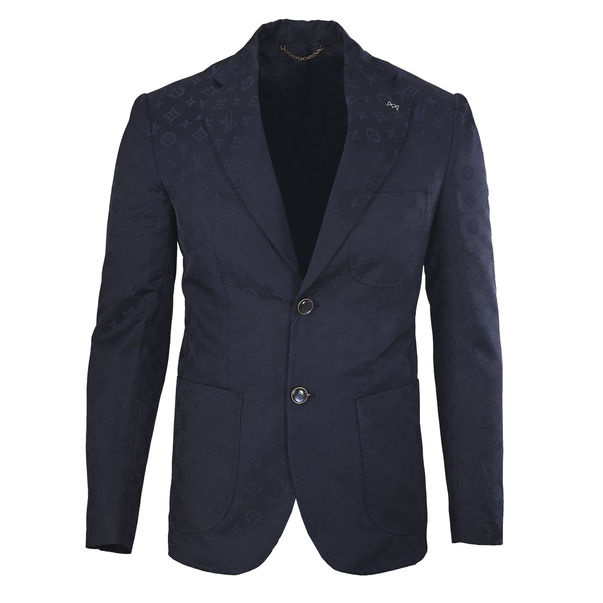 Louis Vuitton Navy Monogram Jacquard Wool Suit Jacket, Fitted Single-Breasted Blazer with Two-Button Front, Notch Lapels and Patch Pockets