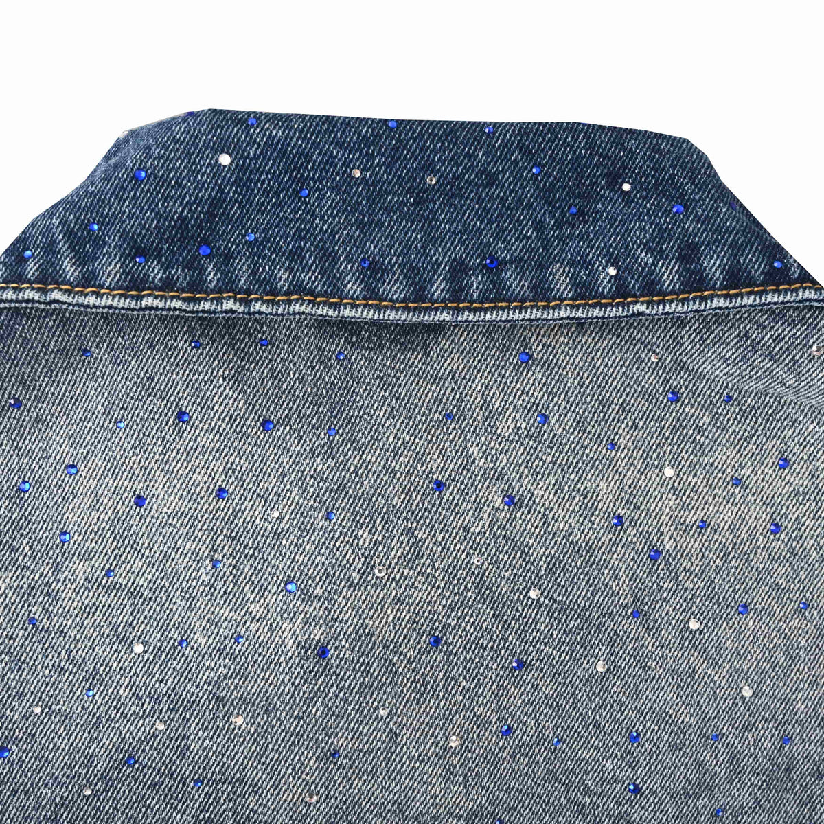 Louis Vuitton Washed Blue Rhinestone Denim Trucker Jacket, Unisex Cotton Button-Up with Faded Yoke, Chest Logo and Scattered Sparkle Detailing