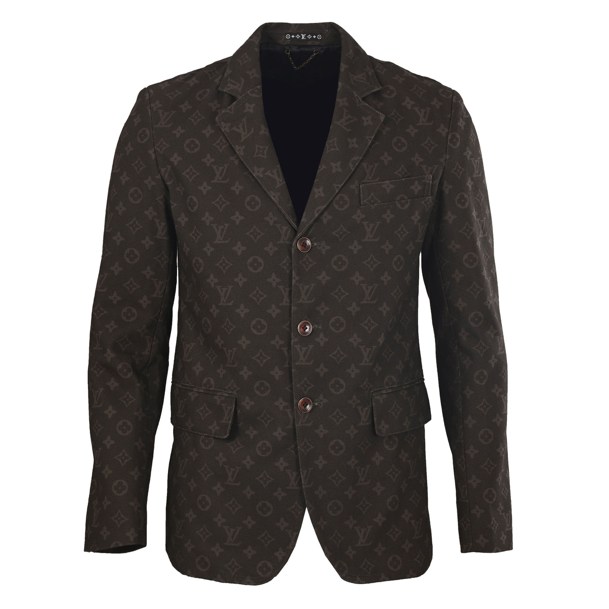 Louis Vuitton Dark Brown Monogram Denim Blazer, Wax-Finish Cotton Single-Breasted Suit Jacket with Notch Lapels and Tailored Fit