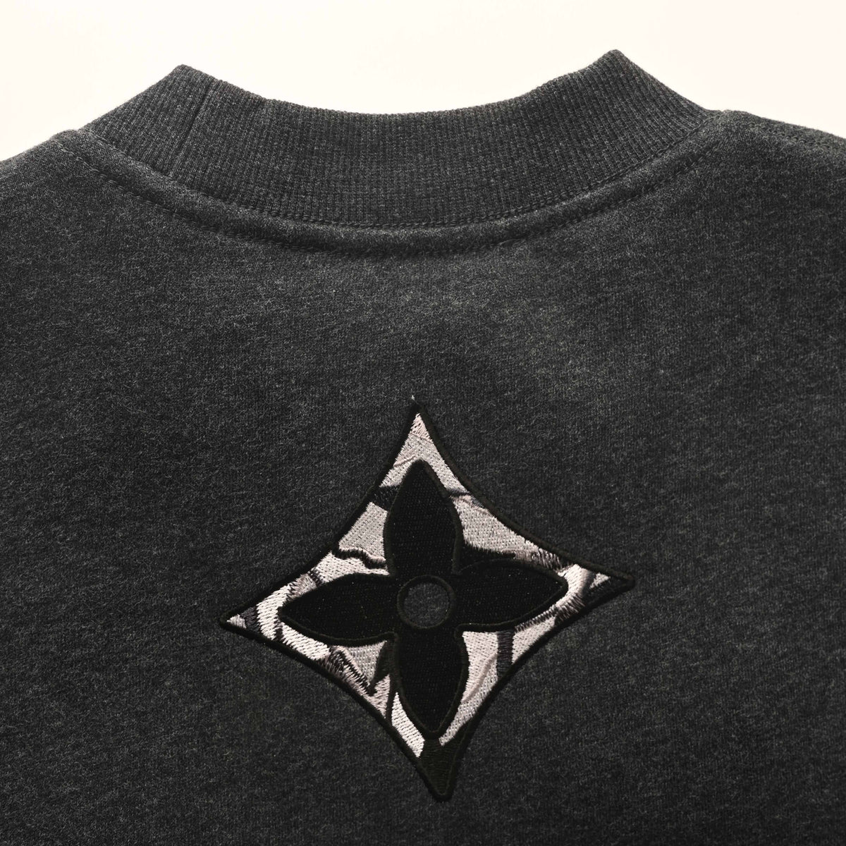 Louis Vuitton Charcoal Cotton Fleece Crewneck Sweatshirt with Embroidered Chest Logo, Zip Sleeve Pocket and Contrast Monogram Flower Back Detail
