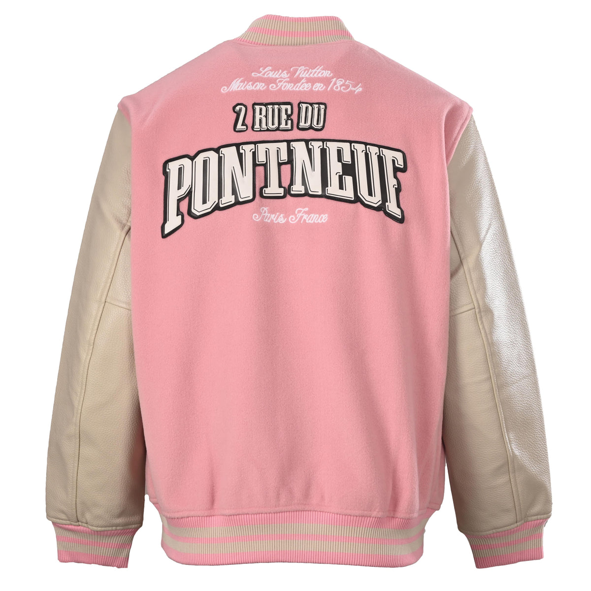 Louis Vuitton Monogram-Lined Varsity Jacket with Statement Back Lettering | Designer Baseball Streetwear Style