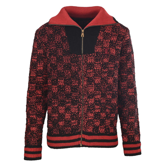 Louis Vuitton Red and Black Checkerboard Zip-Up Knit Jacket | Collared Designer Cardigan Streetwear