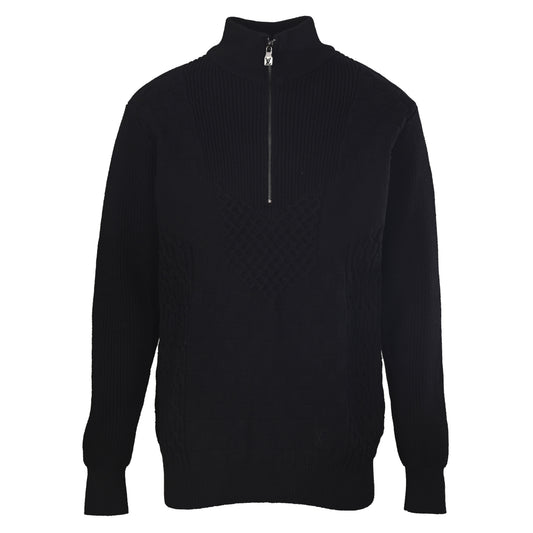 Louis Vuitton Black Cotton-Nylon Half-Zip Sweater, Unisex High-Neck Textured Knit Pullover with Tonal Damier Detailing and Ribbed Cuffs