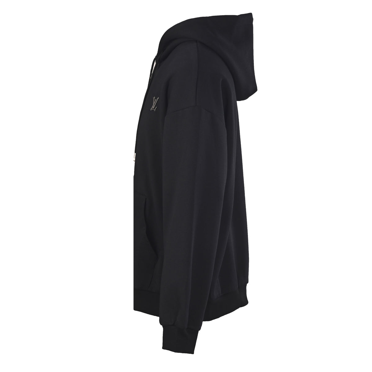 Louis Vuitton Black Metal Logo Zip-Up Hoodie with Pearl-Accented Drawstrings, Heavyweight Relaxed-Fit Hooded Jacket for Designer Streetwear