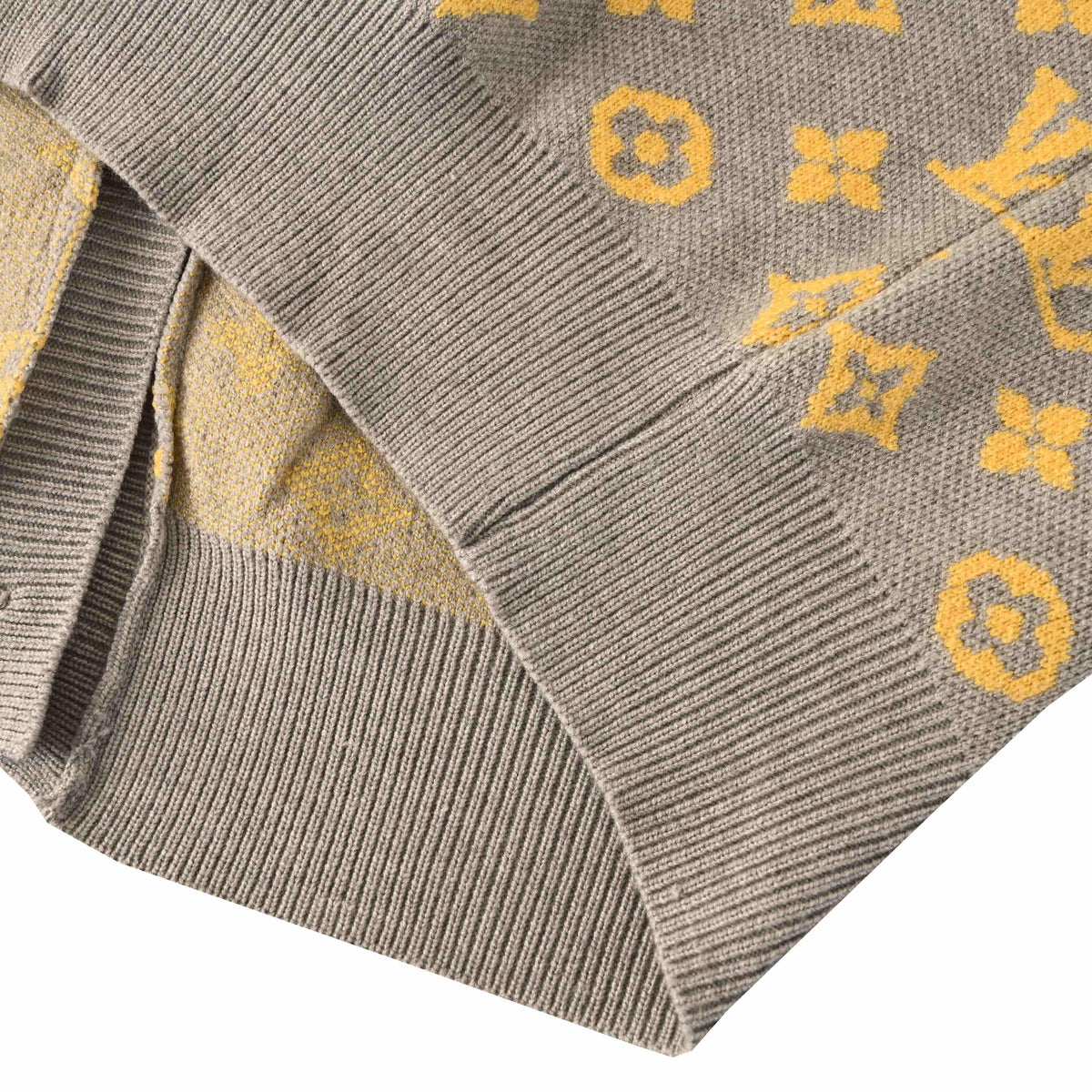 Louis Vuitton Heather Grey and Yellow Monogram Jacquard Cardigan, Relaxed V-Neck Button-Up Knit Sweater with Engraved Metal Buttons and Ribbed Trims