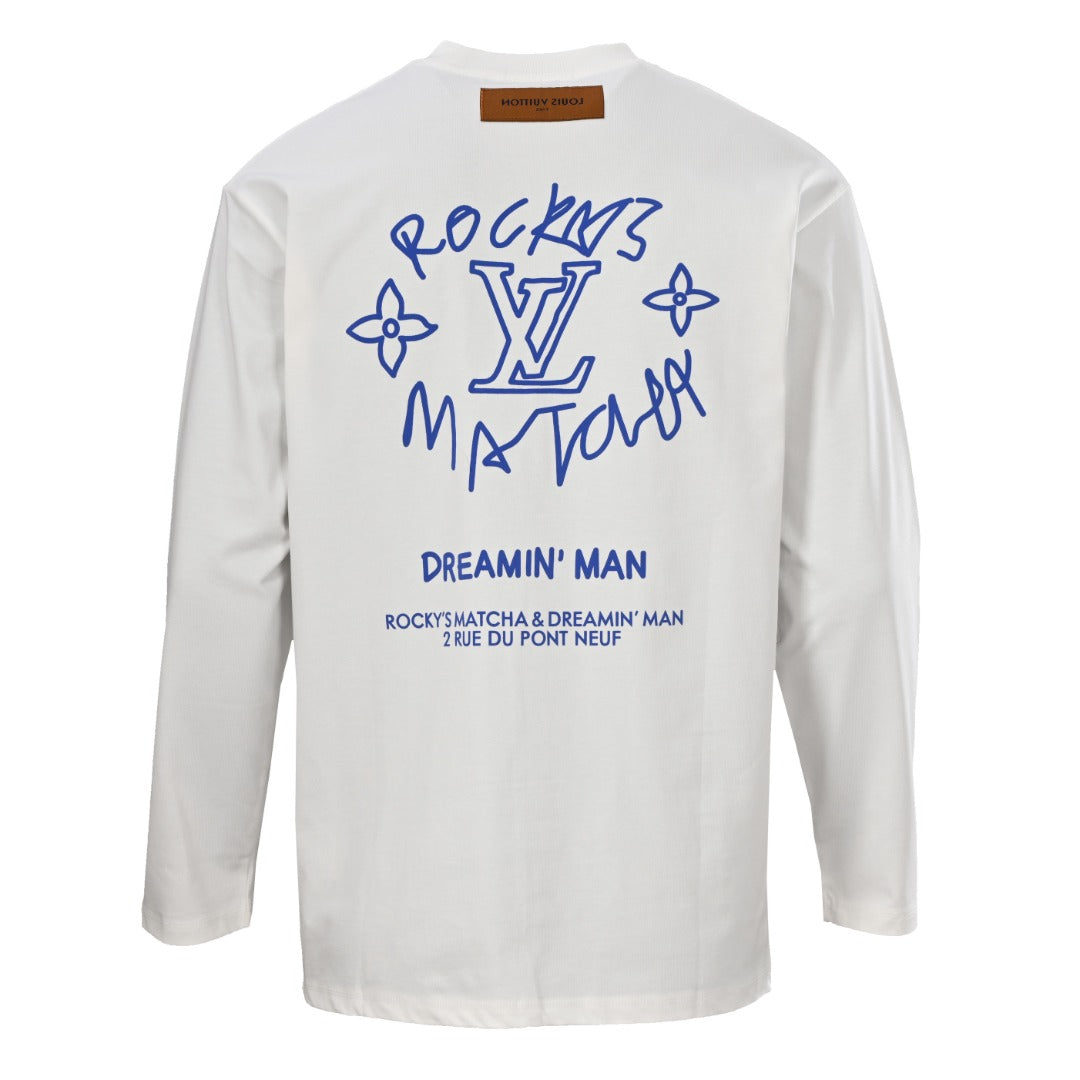 Louis Vuitton White Dreamin' Man Graphic Long-Sleeve Tee, Unisex Heavyweight Cotton Crewneck with Blue Graffiti Back Print and Chest Slogans