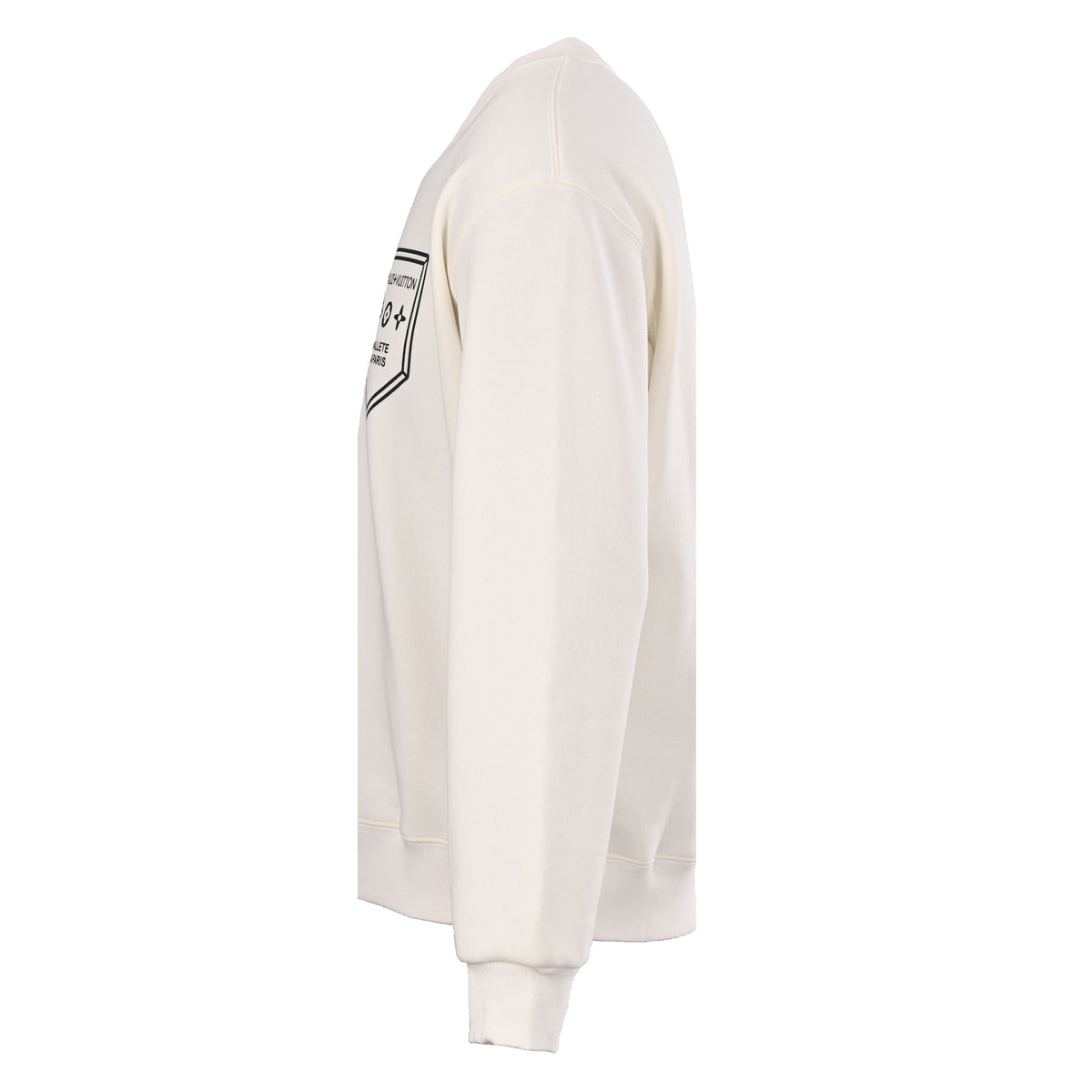 Louis Vuitton White Crest Graphic Sweatshirt with Black Shield Logo, Oversized Unisex Cotton Crewneck Pullover for Clean Casual Style