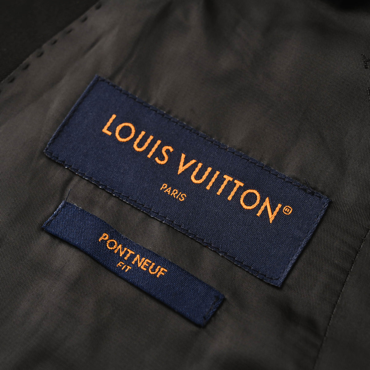 Louis Vuitton Black Tonal Monogram Jacquard Blazer, Wool Satin Two-Button Tailored Suit Jacket with Notch Lapels and Hand-Finished Cuffs