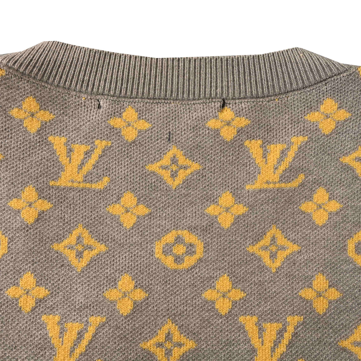 Louis Vuitton Heather Grey and Yellow Monogram Jacquard Cardigan, Relaxed V-Neck Button-Up Knit Sweater with Engraved Metal Buttons and Ribbed Trims