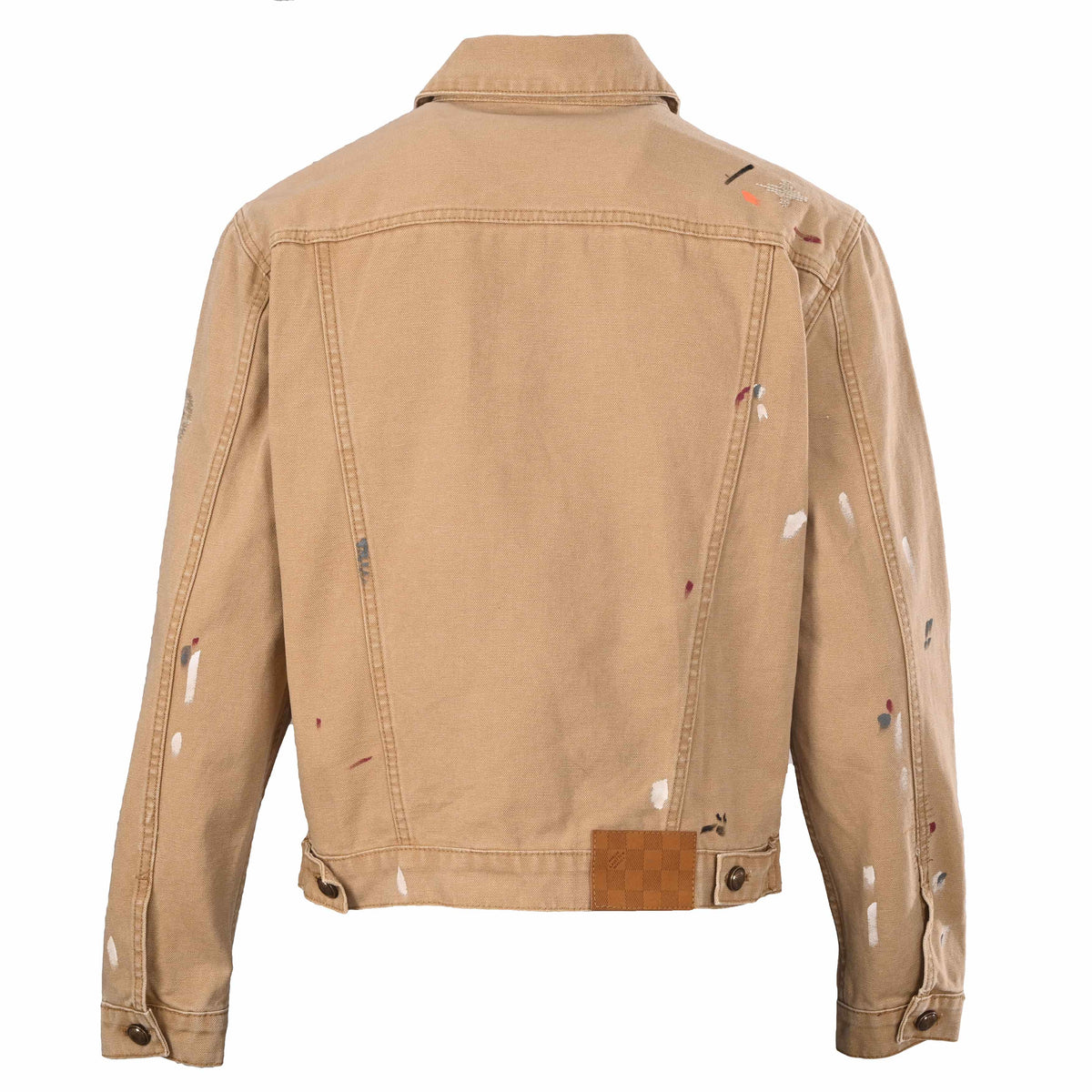 Louis Vuitton Khaki Paint-Splatter Denim Trucker Jacket, Graffiti-Inspired Designer Outerwear with Vintage Workwear Style