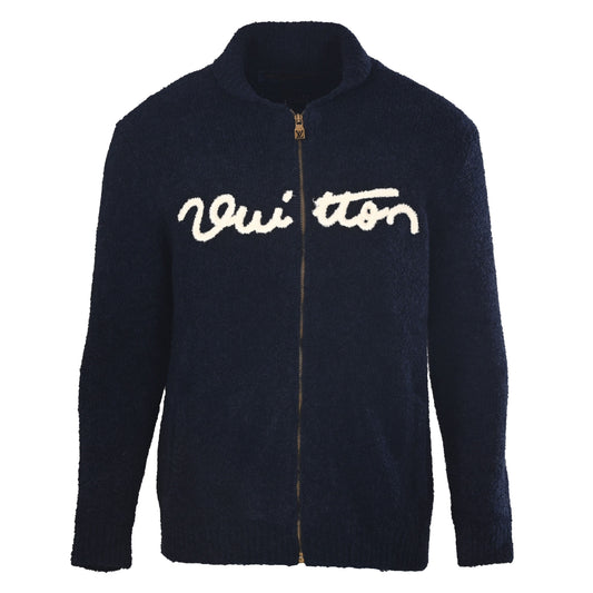 Louis Vuitton Wool Zip-Up Cardigan Jacket with Script Terry Embroidery | Stand-Collar Designer Knitwear