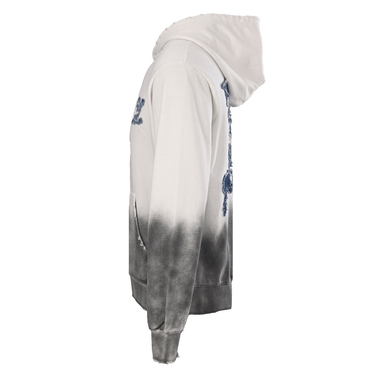 Louis Vuitton Ivory and Grey Ombré Cloud Logo Hoodie, Heavyweight Pullover Sweatshirt with Frayed Monogram Denim Appliqué and Distressed Finish