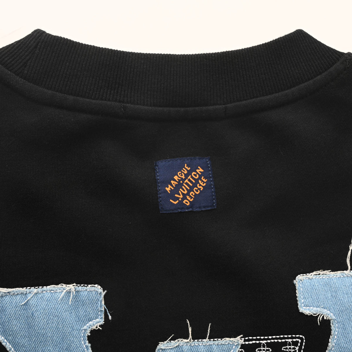 Louis Vuitton Denim Appliqué Letter Embroidered Crewneck Sweatshirt | Designer Textured Pullover for Casual Streetwear