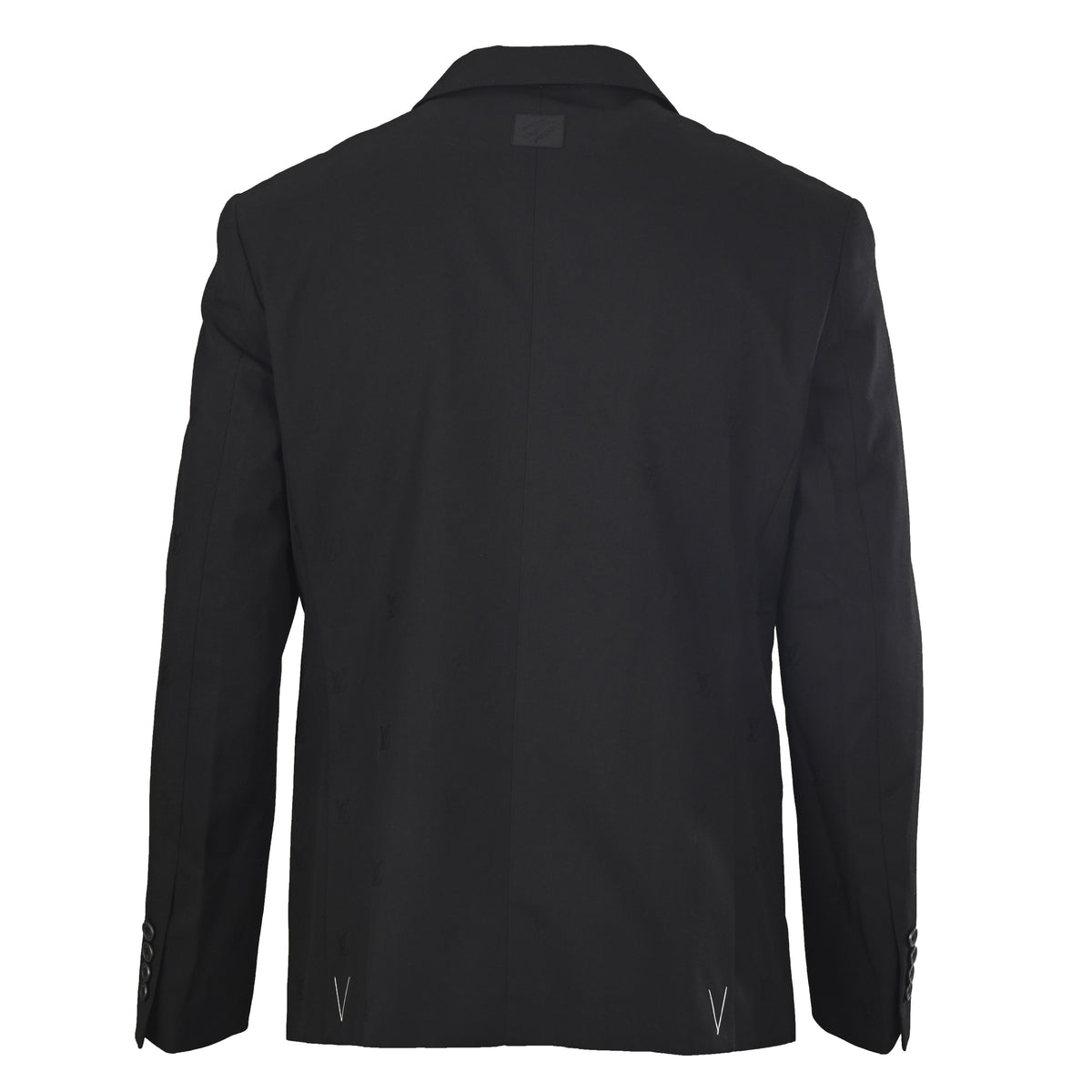 Louis Vuitton Black Tonal Monogram Jacquard Blazer, Wool Satin Two-Button Tailored Suit Jacket with Notch Lapels and Hand-Finished Cuffs