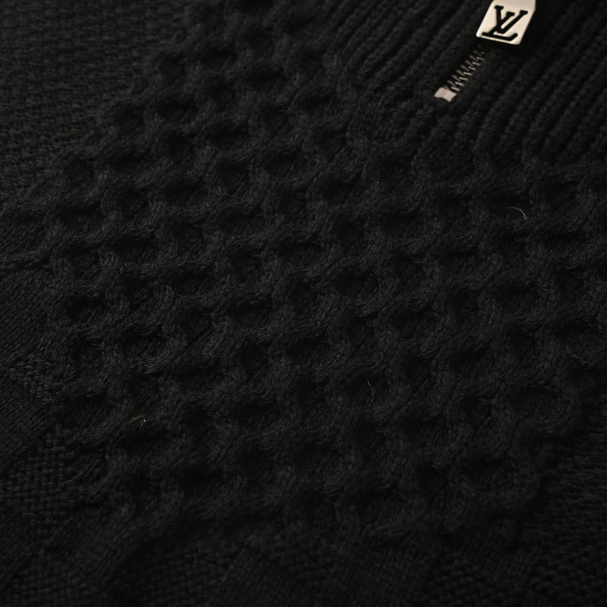 Louis Vuitton Black Cotton-Nylon Half-Zip Sweater, Unisex High-Neck Textured Knit Pullover with Tonal Damier Detailing and Ribbed Cuffs