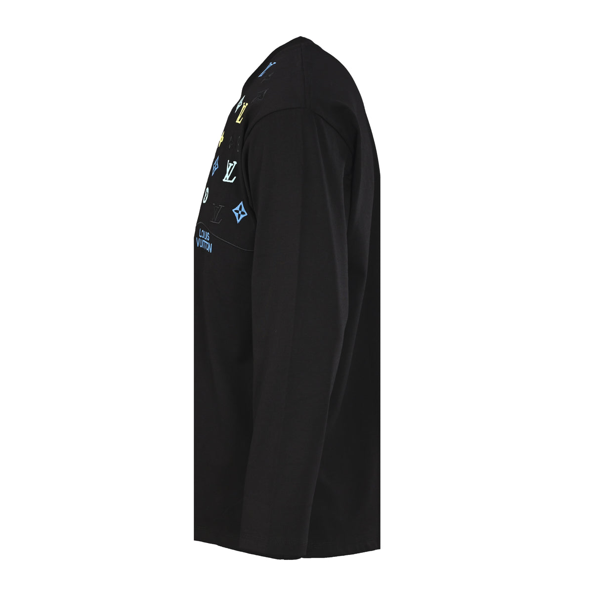 Louis Vuitton Black Multicolor Monogram Embroidered Long-Sleeve T-Shirt, Unisex Cotton Crewneck with Pastel Chest Motifs and Wave Detailing