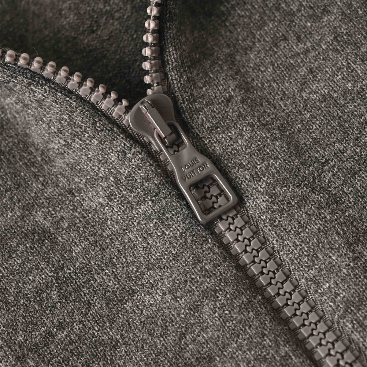 Louis Vuitton Heather Grey Cashmere-Blend Full-Zip Sweater with Tonal Embossed Logo, Stand-Collar Designer Knit Cardigan