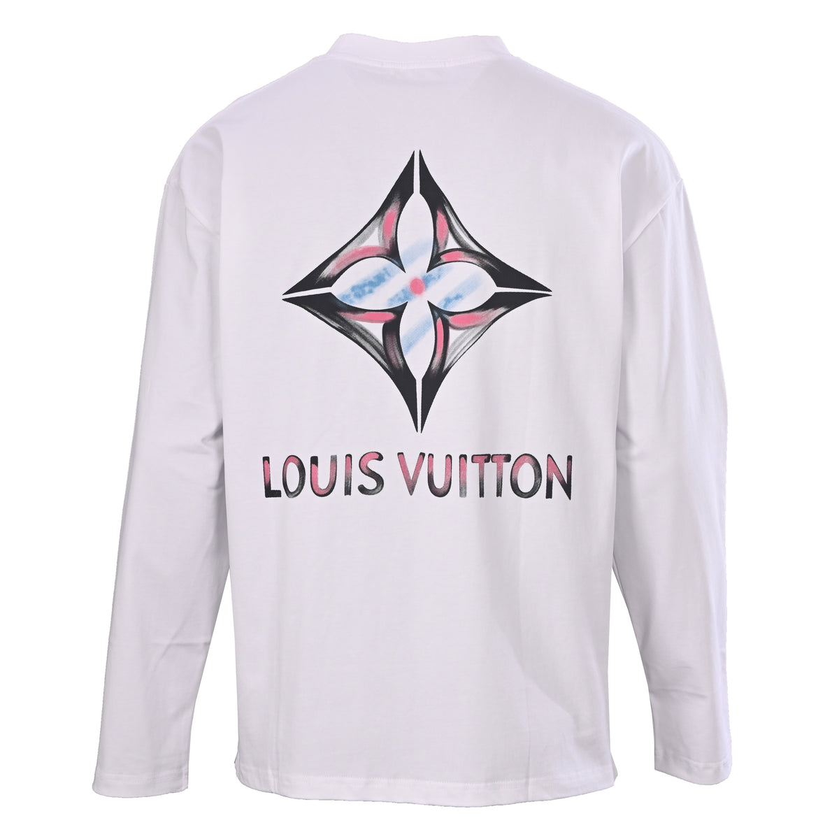 Louis Vuitton White Graffiti Flower Long-Sleeve T-Shirt, Relaxed Cotton Graphic Tee with Pink and Blue Monogram Artwork and Oversized Back Print