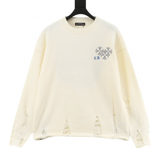 CH Embroidered Sanskrit Cross Distressed Knit Sweater