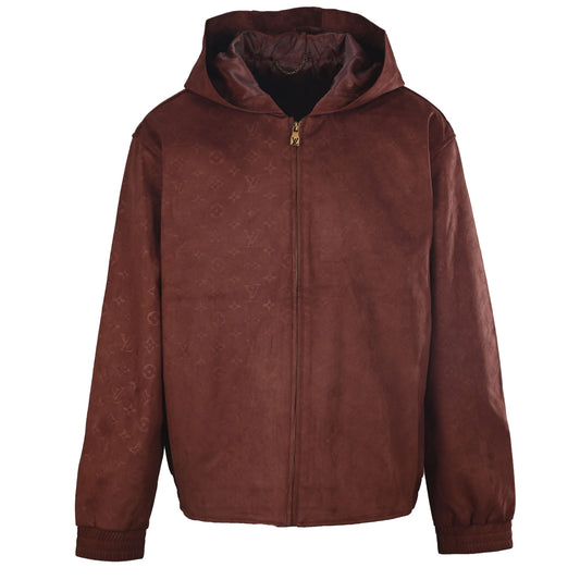 Louis Vuitton Monogram Embossed Suede Leather Hooded Jacket | All-Over Pattern Designer Outerwear for Casual Streetwear