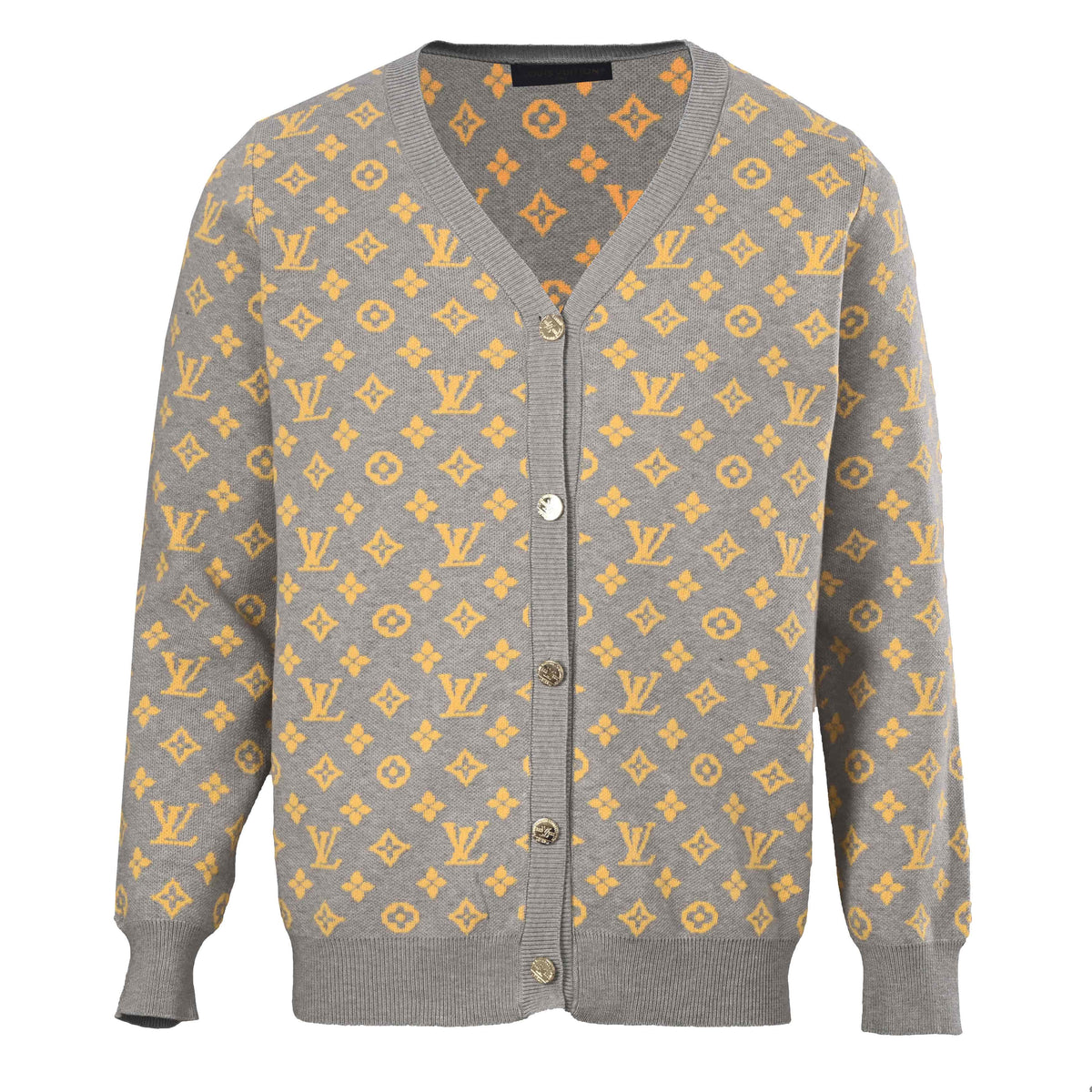 Louis Vuitton Heather Grey and Yellow Monogram Jacquard Cardigan, Relaxed V-Neck Button-Up Knit Sweater with Engraved Metal Buttons and Ribbed Trims