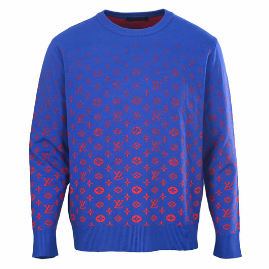 Louis Vuitton Blue Gradient Monogram Jacquard Sweater, Unisex Wool-Blend Crewneck Knit Pullover with Red Logo Motifs and Ribbed Trim