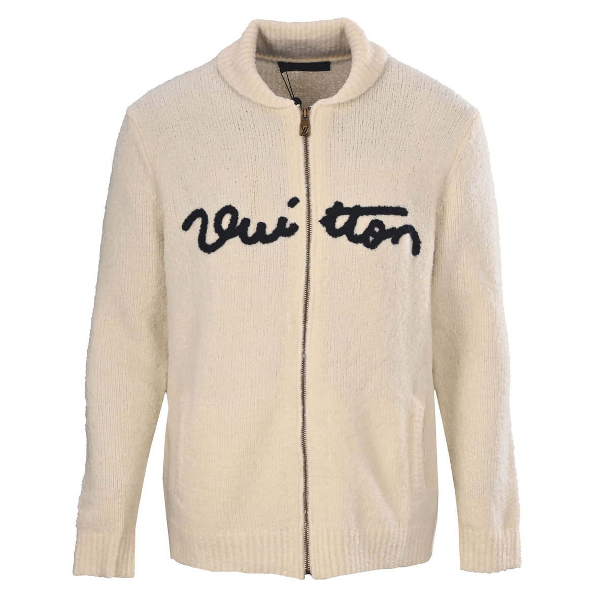 Louis Vuitton Script-Embroidered Wool Cardigan | Full-Zip Stand-Collar Sweater Jacket for Designer Casual Style