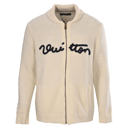 Louis Vuitton Script-Embroidered Wool Cardigan | Full-Zip Stand-Collar Sweater Jacket for Designer Casual Style