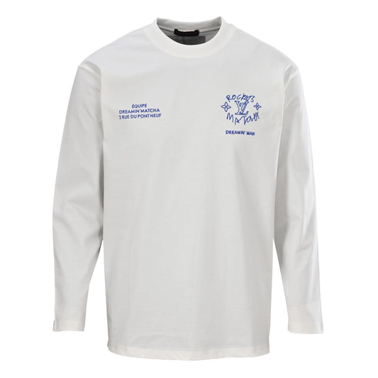 Louis Vuitton White Dreamin' Man Graphic Long-Sleeve Tee, Unisex Heavyweight Cotton Crewneck with Blue Graffiti Back Print and Chest Slogans