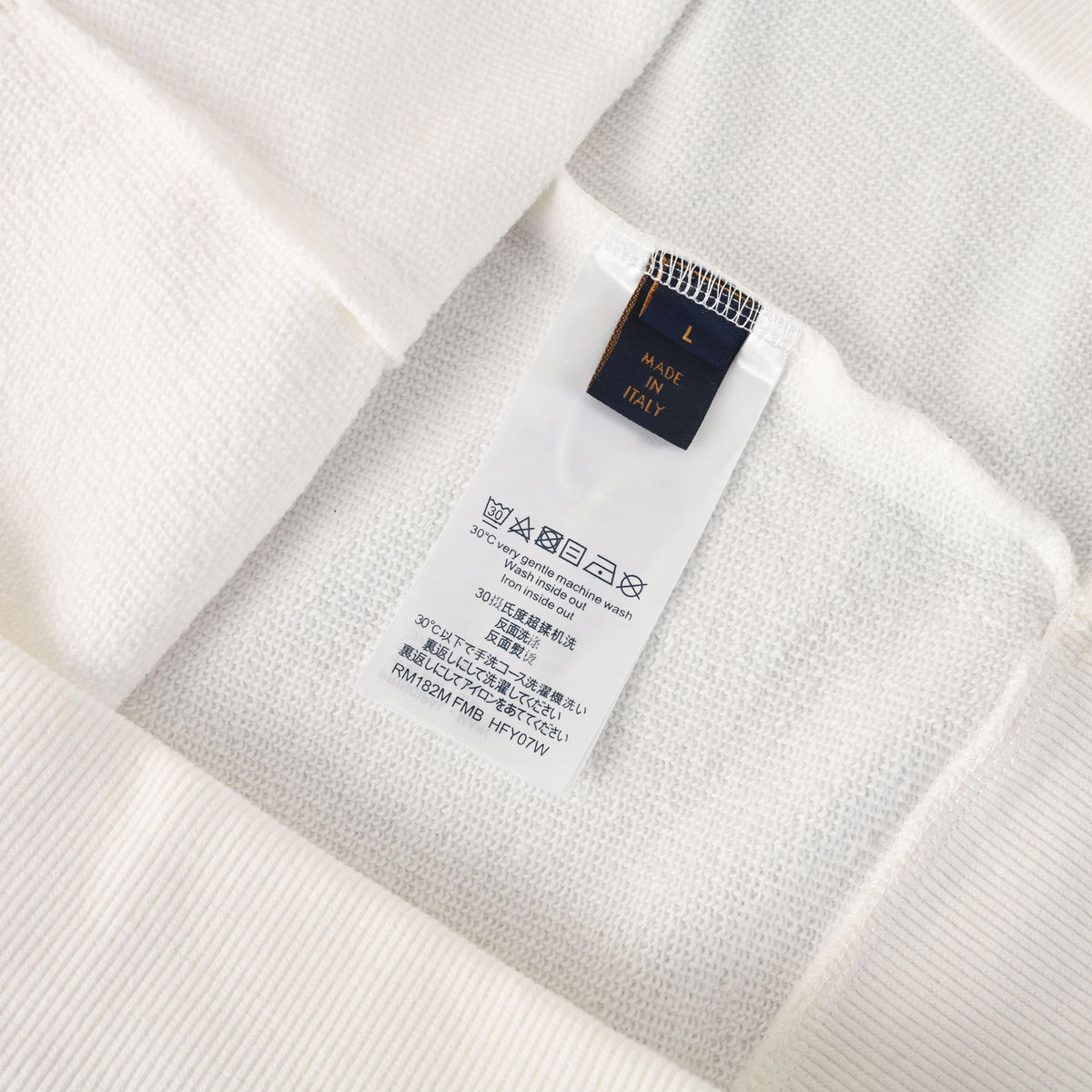 Louis Vuitton White Beaded Emblem Sweatshirt, Unisex Relaxed Cotton French Terry Crewneck with Contrasting Black Chest Design and Embroidered Details