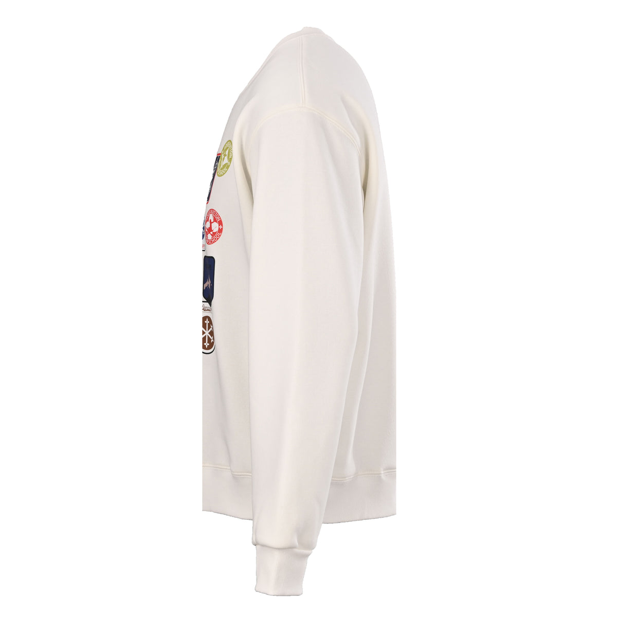 Louis Vuitton White Snow School Emblem Crewneck Sweatshirt, Oversized Unisex Cotton Pullover with Colorful Badge Puff-Print Graphics