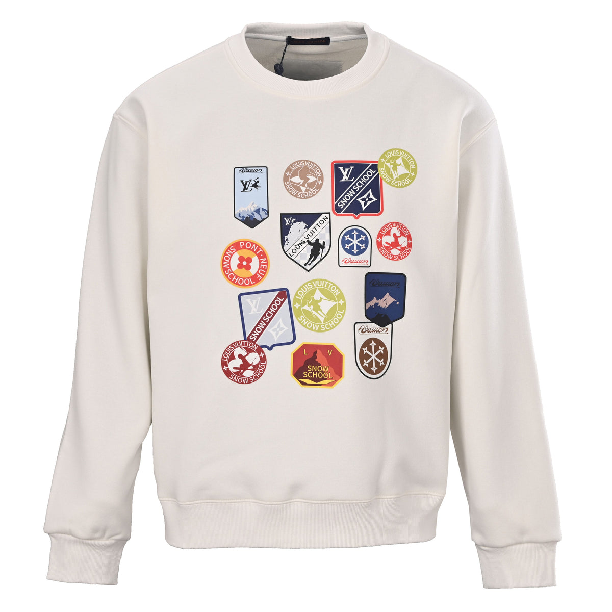 Louis Vuitton White Snow School Emblem Crewneck Sweatshirt, Oversized Unisex Cotton Pullover with Colorful Badge Puff-Print Graphics
