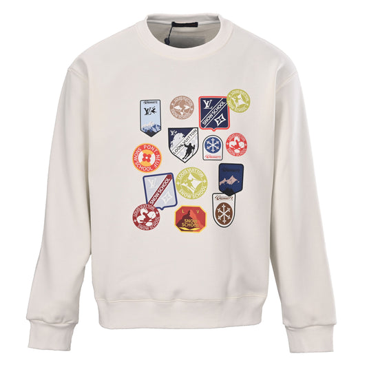 Louis Vuitton White Snow School Emblem Crewneck Sweatshirt, Oversized Unisex Cotton Pullover with Colorful Badge Puff-Print Graphics