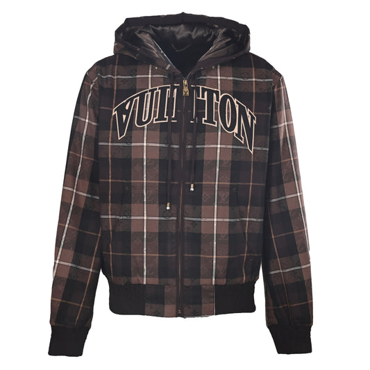 Louis Vuitton Brown and Black Plaid Hooded Bomber Jacket, Unisex Cropped Zip-Up with Arched Letter Embroidery and Tonal Monogram Jacquard