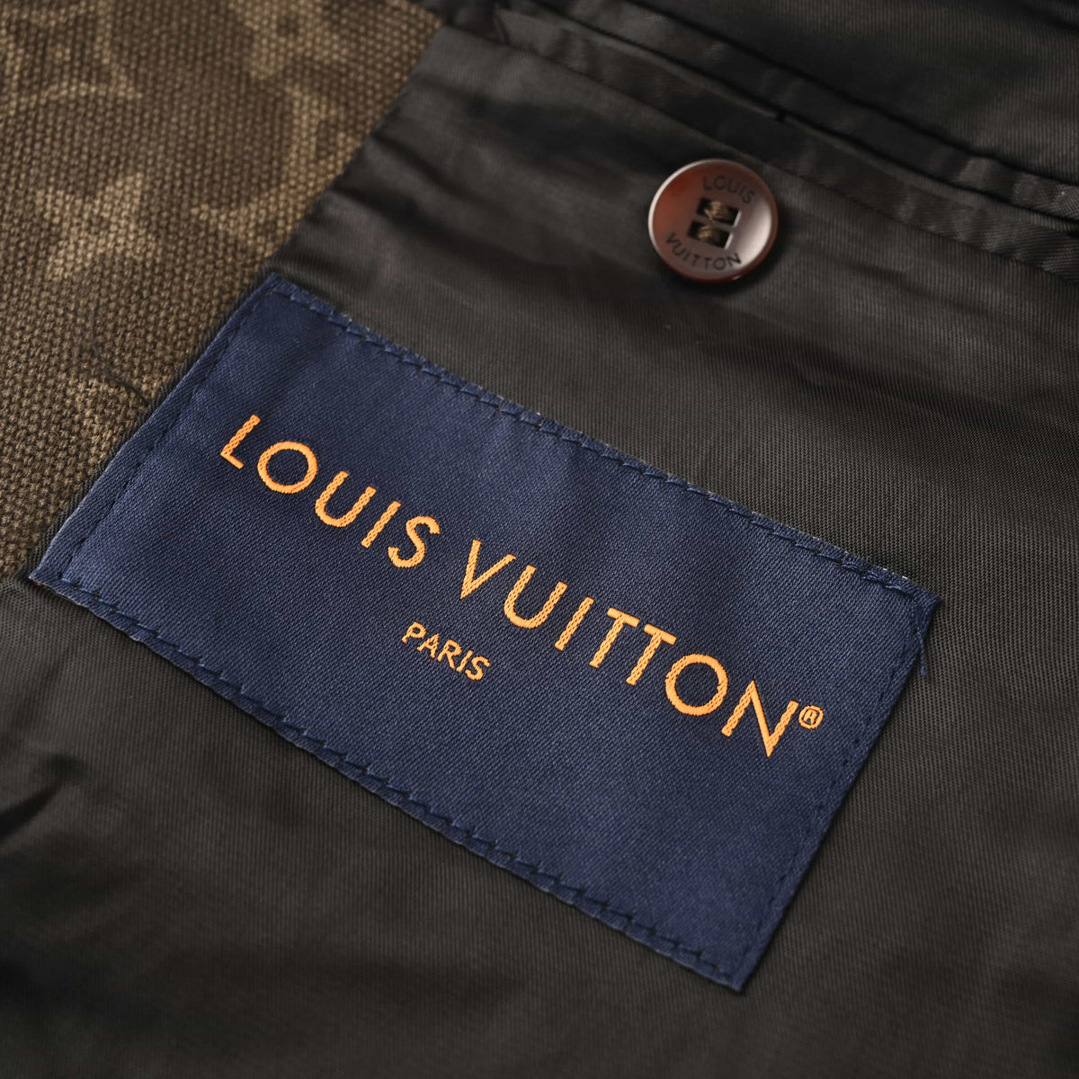 Louis Vuitton Dark Brown Monogram Denim Blazer, Wax-Finish Cotton Single-Breasted Suit Jacket with Notch Lapels and Tailored Fit