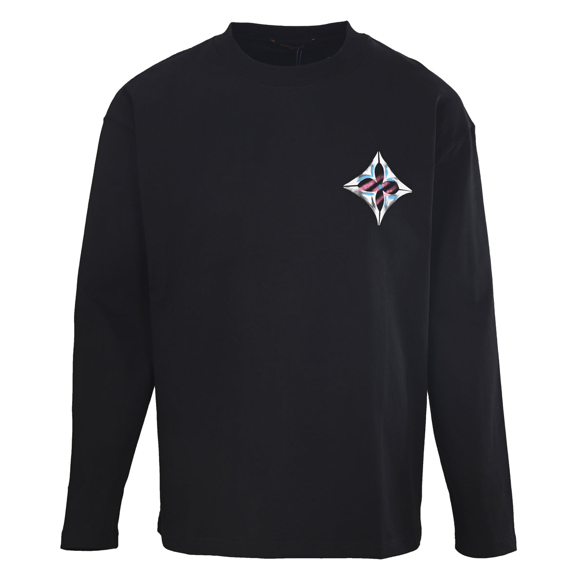 Louis Vuitton Black Monogram Flower Graphic Long-Sleeve T-Shirt, Relaxed Cotton Crewneck with Graffiti-Style Artwork and Statement Back Print