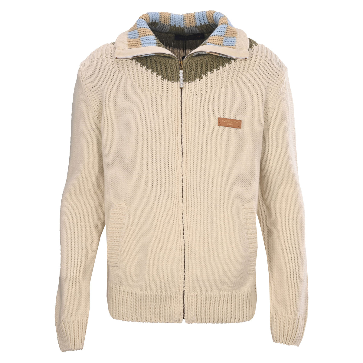 Louis Vuitton Cream Merino Wool-Blend Zip-Up Cardigan with Leather Logo Patch, Chunky Knit Sweater Jacket and Contrast Stand Collar