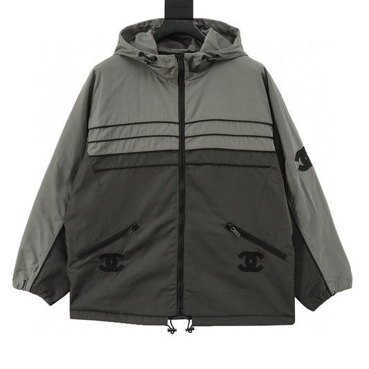 Chanel Vintage-Style Hooded Windbreaker with Embroidered Double-C Logo and Zipper Closure