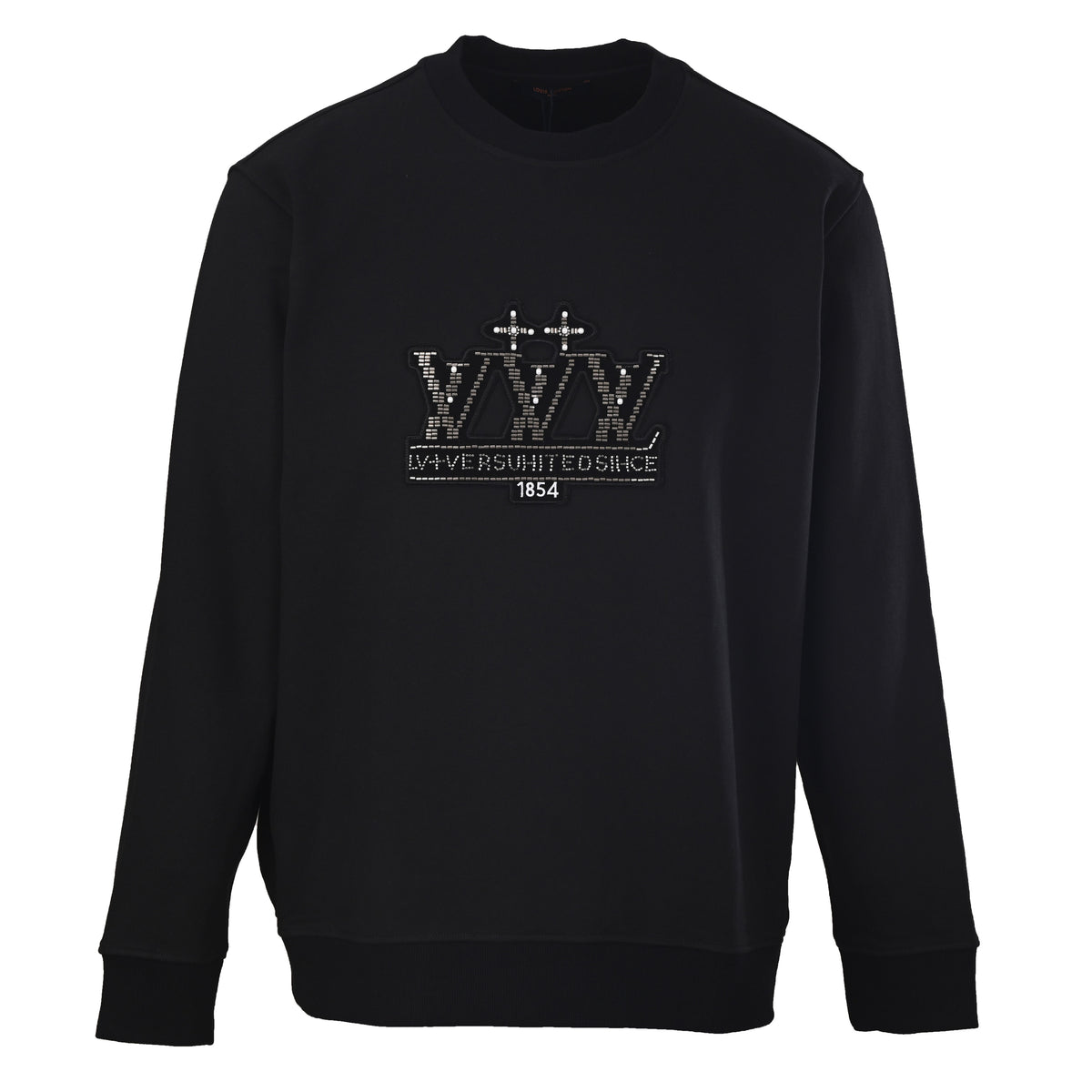 Louis Vuitton Black Beaded Logo Crewneck Sweatshirt, Unisex Relaxed-Fit Cotton French Terry Pullover with Embroidered Chest Detail and Ribbed Trims