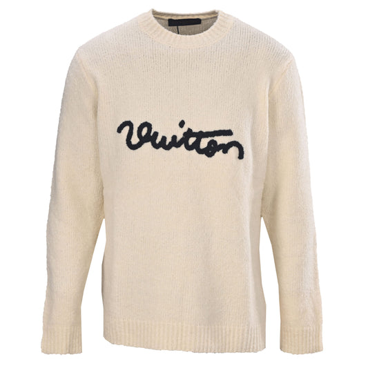 Louis Vuitton Wool Knit Crewneck Pullover with Raised Cursive Embroidery | Designer Sweater & Luxury Casual Style