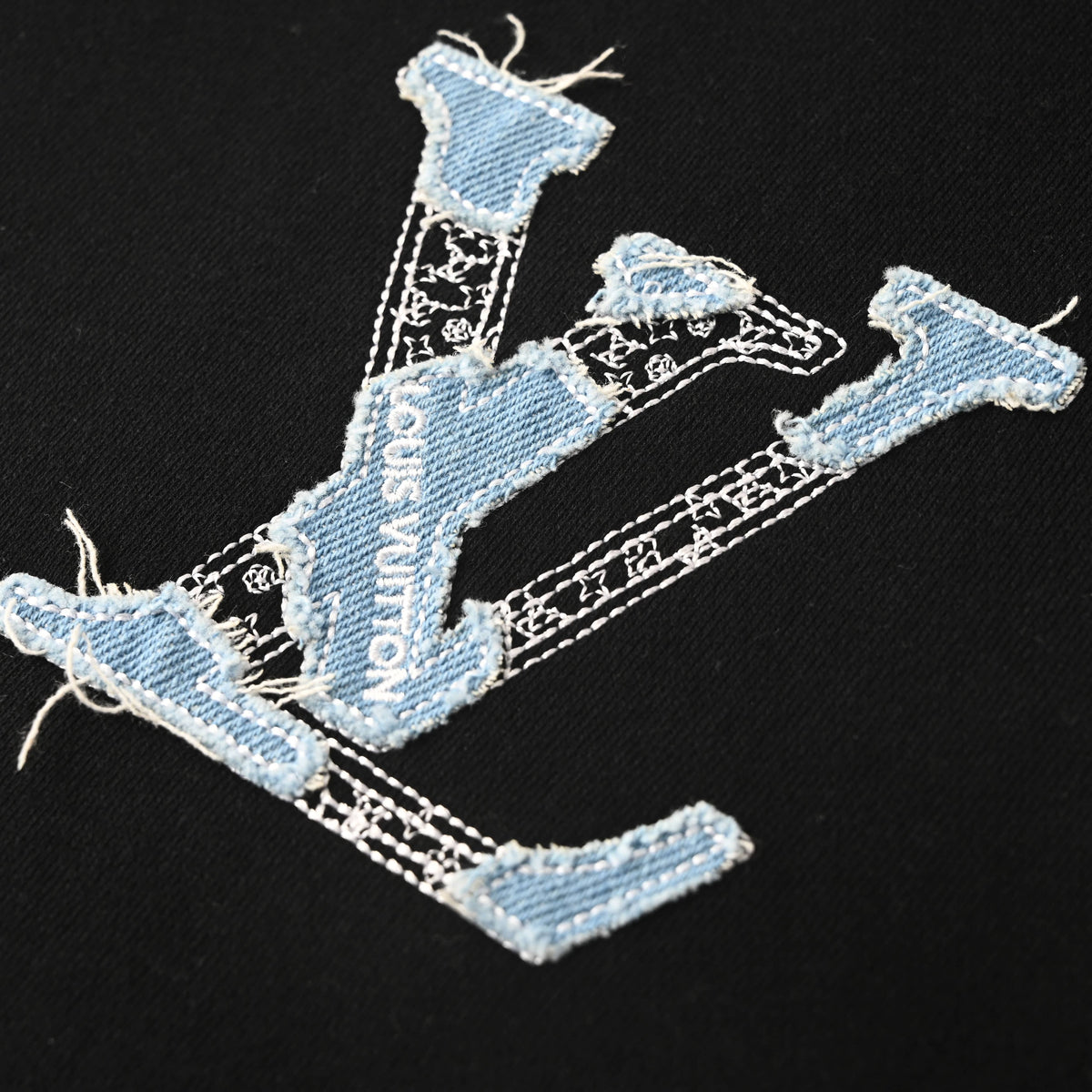 Louis Vuitton Denim Appliqué Letter Embroidered Crewneck Sweatshirt | Designer Textured Pullover for Casual Streetwear