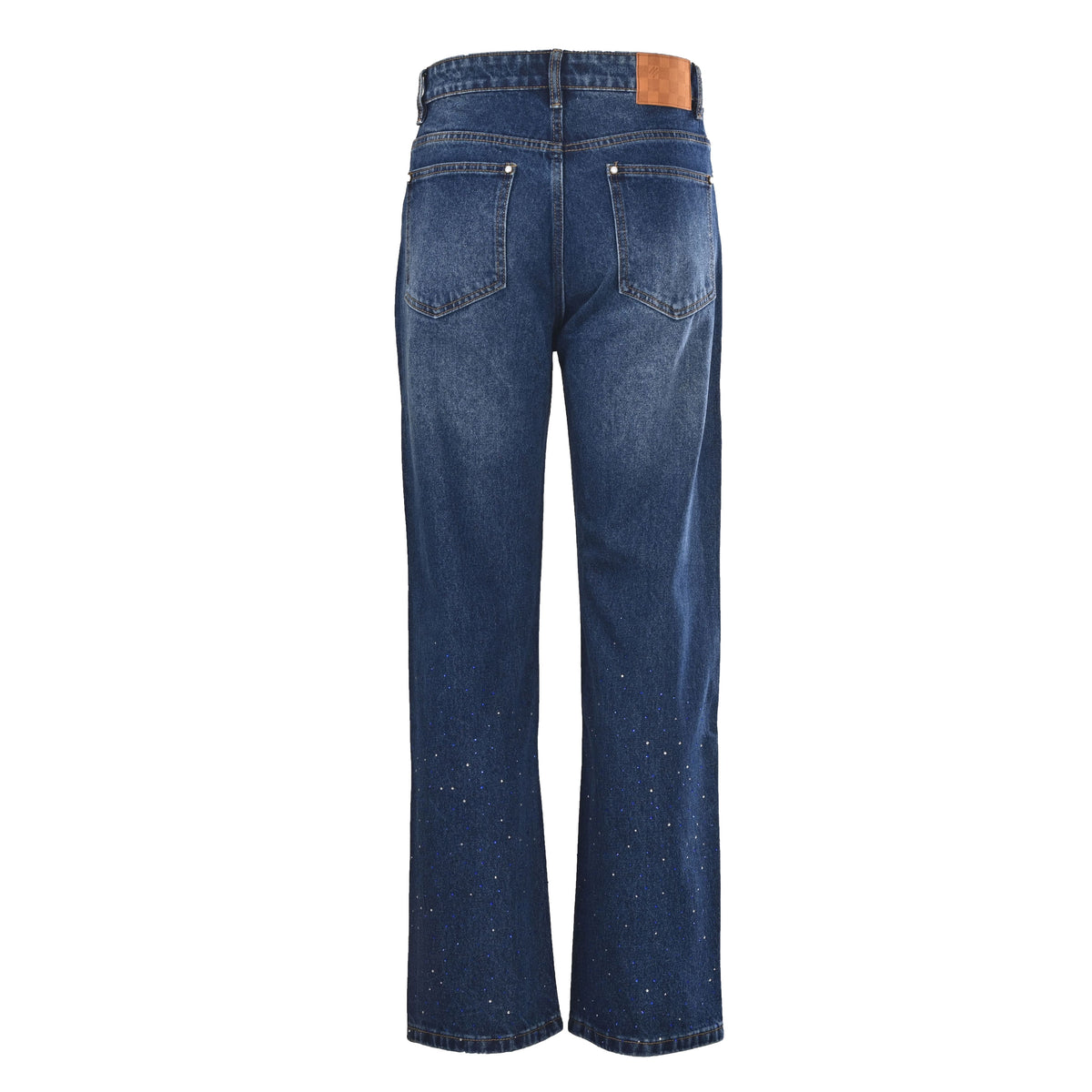 Louis Vuitton Washed Indigo Rhinestone Straight-Leg Jeans, Unisex Vintage-Look Denim Trousers with Scattered Sparkle and Five-Pocket Styling