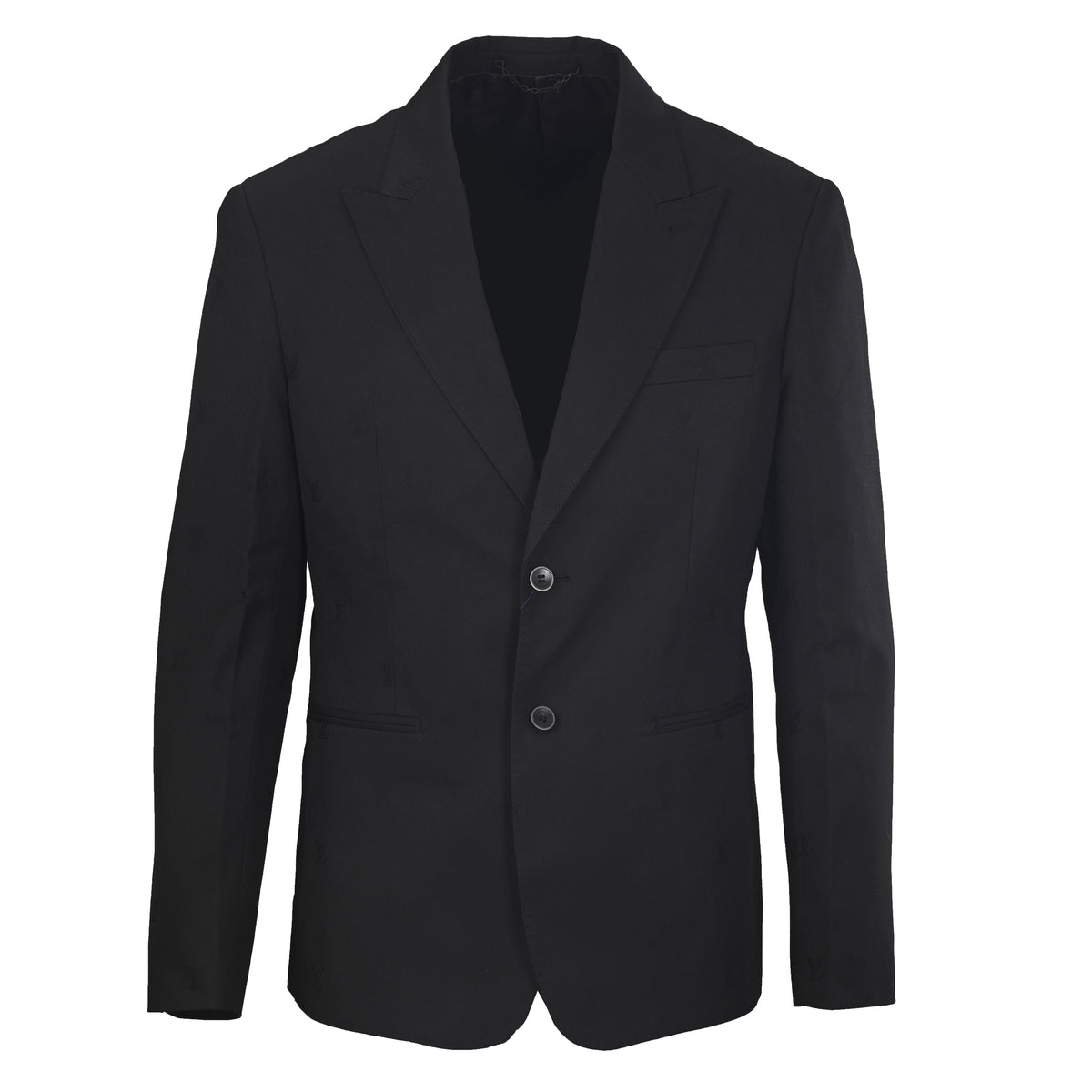 Louis Vuitton Black Tonal Monogram Jacquard Blazer, Wool Satin Two-Button Tailored Suit Jacket with Notch Lapels and Hand-Finished Cuffs