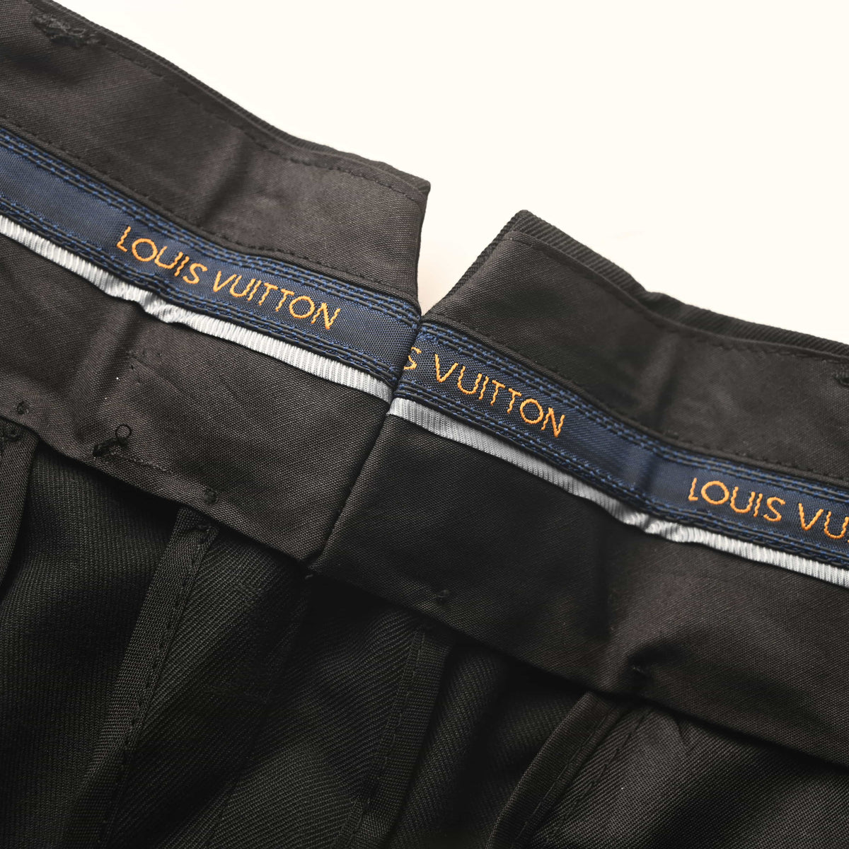 Louis Vuitton Black Tonal Monogram Jacquard Dress Trousers, Wool Satin Tailored Suit Pants with Slim Straight-Leg Silhouette and Hand-Finished Hems