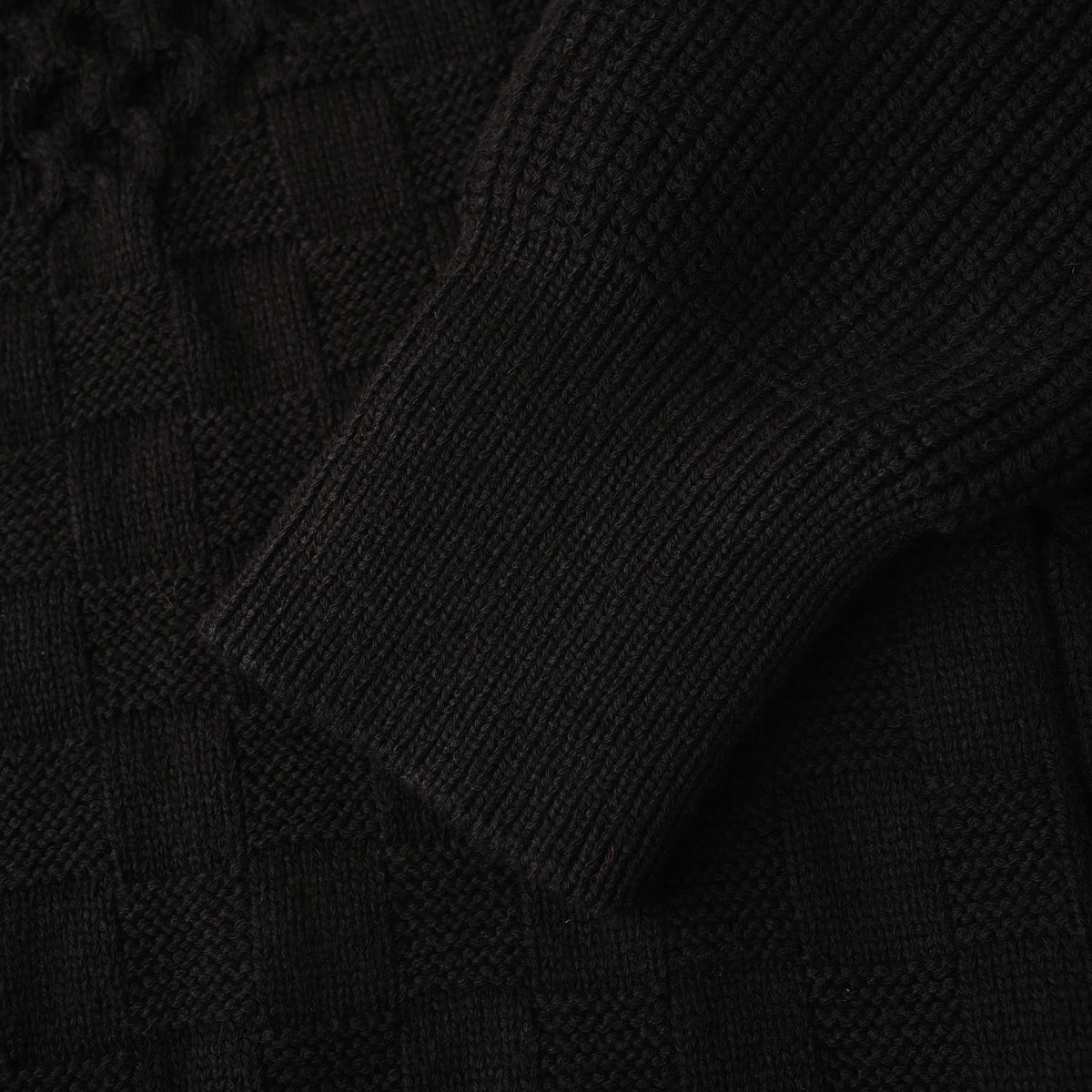 Louis Vuitton Black Cotton-Nylon Half-Zip Sweater, Unisex High-Neck Textured Knit Pullover with Tonal Damier Detailing and Ribbed Cuffs