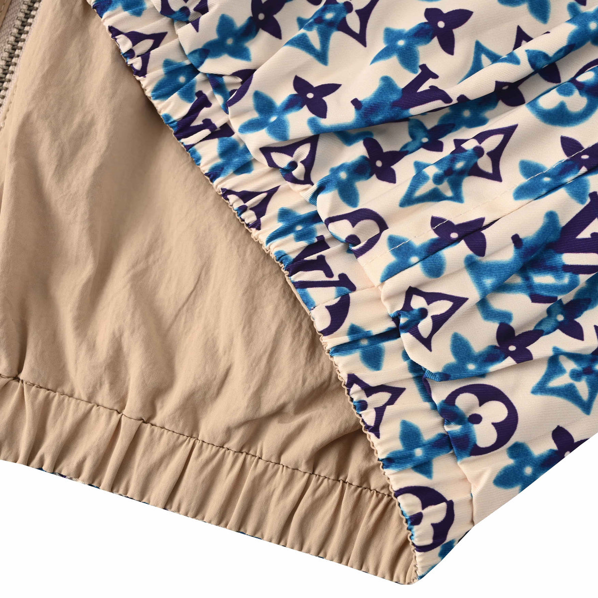 Louis Vuitton Beige Reversible Hooded Windbreaker, Crinkled Nylon Zip-Up Utility Jacket with Blue Monogram Print and Sleeve Pocket