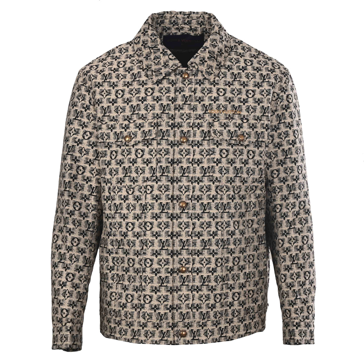 Louis Vuitton Beige All-Over Monogram Jacket with Embroidered Logo Motifs, Button-Up Trucker Silhouette, Twin Chest Pockets and Bronze-Tone Buttons