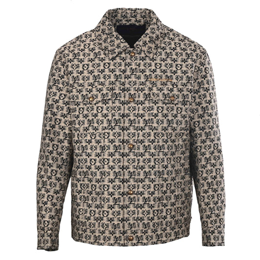 Louis Vuitton Beige All-Over Monogram Jacket with Embroidered Logo Motifs, Button-Up Trucker Silhouette, Twin Chest Pockets and Bronze-Tone Buttons